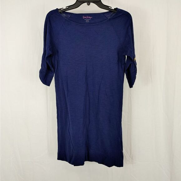 Lilly Pulitzer Camie Boatneck 3/4 Sleeve Shift Tee Dress Solid Navy XS.
Armpit t - Picture 3 of 7